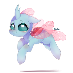 Size: 900x900 | Tagged: safe, artist:snow angel, character:ocellus, species:changeling, species:reformed changeling, cute, diaocelles, female, flying, looking at you, simple background, smiling, solo, watermark, white background