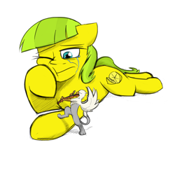 Size: 1280x1280 | Tagged: safe, artist:captainhoers, artist:tinibirb, edit, oc, oc only, oc:der, oc:lemon drop, species:earth pony, species:griffon, species:pony, color edit, colored, crying, duo, female, male, micro, musical instrument, sad, sketch, violin