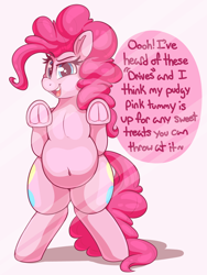 Size: 2250x3000 | Tagged: safe, artist:graphenescloset, character:pinkie pie, species:pony, series:pinkie breaks the fourth wall, against glass, belly, belly button, bipedal, bipedal leaning, both cutie marks, chubbie pie, chubby, dialogue, female, fourth wall, frog (hoof), glass, incentive drive, leaning, solo, talking to viewer, this will end in weight gain, underhoof