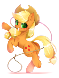 Size: 683x900 | Tagged: safe, artist:snow angel, character:applejack, species:earth pony, species:pony, blushing, clothing, cowboy hat, cute, female, green eyes, hat, jackabetes, lasso, looking at you, looking back, looking back at you, mare, mouth hold, rearing, rope, simple background, white background