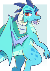 Size: 636x900 | Tagged: safe, artist:snow angel, character:princess ember, species:dragon, dragoness, female, looking at you, looking back, looking back at you, red eyes, simple background, solo