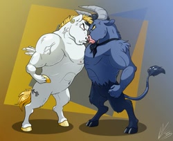 Size: 989x808 | Tagged: safe, artist:lupiarts, artist:snoopystallion, character:bulk biceps, character:iron will, species:minotaur, species:pony, angry, collaboration, comic sins, digital art, fist, funny, looking at each other, muscles, nipples, nudity, rivalry, showing off, strong, vein