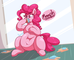 Size: 3433x2801 | Tagged: safe, artist:graphenescloset, character:pinkie pie, series:pinkie breaks the fourth wall, belly, belly button, big belly, chubbie pie, chubby, cupcake, eating, fat, female, food, food baby, fourth wall, incentive drive, overeating, pudgy pie, solo, stuffed, weight gain, weight gain sequence