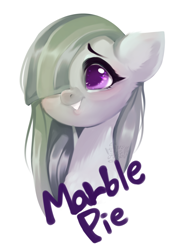 Size: 670x900 | Tagged: safe, artist:snow angel, character:marble pie, species:earth pony, species:pony, blushing, bust, cute, female, floppy ears, hair over one eye, marblebetes, mare, simple background, smiling, solo, white background