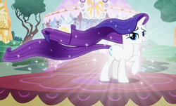 Size: 4057x2452 | Tagged: safe, artist:andoanimalia, character:rarity, species:pony, species:unicorn, episode:rarity's biggest fan, spoiler:interseason shorts, carousel boutique, female, flowing mane, rarity day, solo, sparkles, tree, wallpaper