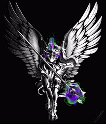 Size: 4300x5000 | Tagged: safe, artist:lupiarts, character:twilight sparkle, species:alicorn, species:pony, armor, dark magic, digital art, evil twilight, female, looking at you, magic, rapier, solo, sombra eyes, spread wings, sword, weapon, wing armor, wings