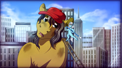 Size: 3840x2160 | Tagged: safe, artist:lupiarts, oc, oc only, oc:eula phi, oc:small block, species:pegasus, species:pony, species:unicorn, cleaning, clothing, duo, female, giant pony, hat, ladder, macro, male, mare, q-tip, stallion