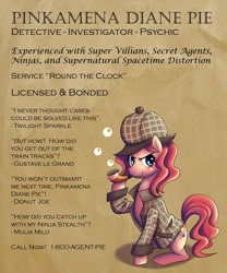 Size: 700x840 | Tagged: safe, artist:ninjaham, character:pinkie pie, species:earth pony, species:pony, episode:mmmystery on the friendship express, g4, my little pony: friendship is magic, bubble pipe, clothing, deerstalker, detective, detective pinkamena diane pie, female, hat, mare, misspelling, sherlock holmes, sitting, smiling, smirk, solo