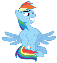Size: 7000x7700 | Tagged: safe, artist:calm wind, artist:tardifice, edit, character:rainbow dash, species:pony, episode:campfire tales, g4, my little pony: friendship is magic, 1000 years in photoshop, abs, absurd resolution, anatomically incorrect, buff, buff edit, female, grin, muscles, puffed chest, rainbuff dash, simple background, sitting, smiling, solo, spread wings, wings