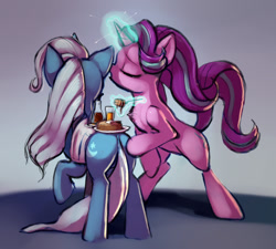 Size: 1087x980 | Tagged: safe, artist:gsphere, character:starlight glimmer, character:trixie, species:pony, species:unicorn, ship:startrix, butt touch, digital art, female, food, fork, fried egg, hoof on butt, juice, lesbian, magic, mare, orange juice, pancakes, plate, rear view, rearing, shipping, syrup