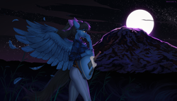Size: 1800x1023 | Tagged: safe, artist:margony, oc, oc only, oc:strumbeat strings, species:anthro, species:pegasus, species:pony, anthro oc, bow, clothing, commission, crying, feather, female, guitar, hair bow, jeans, mare, moon, mountain, musical instrument, night, pants, rule 63, shirt, solo, spread wings, starry night, stars, teary eyes, wings