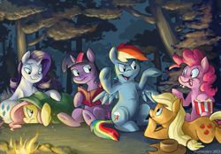 Size: 900x627 | Tagged: safe, artist:kenket, artist:spainfischer, character:applejack, character:fluttershy, character:pinkie pie, character:rainbow dash, character:rarity, character:twilight sparkle, blanket, campfire, camping, cowering, mane six, popcorn, scared