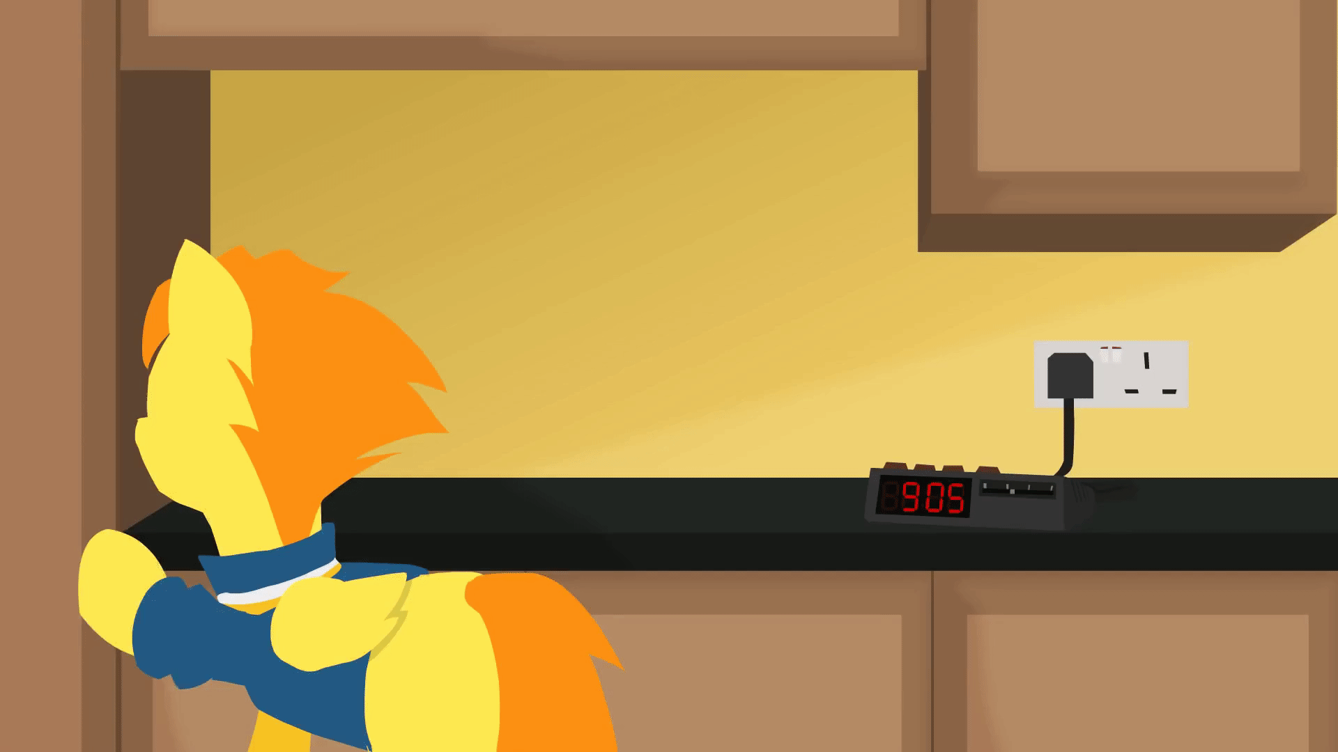 Size: 1920x1080 | Tagged: safe, artist:captainhoers, character:spitfire, species:pegasus, species:pony, animated, clothing, coffee, coffee mug, cupboard, cutie mark, digital clock, drinking, eyes closed, female, gif, hooves, kitchen, lineless, mare, mug, running, running in place, solo, spitfire's day off, wings, wrong cutie mark, youtube link