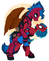 Size: 2640x3263 | Tagged: safe, artist:arctic-fox, oc, oc only, oc:ash wing, oc:nimble wing, species:earth pony, species:pegasus, species:pony, clothing, cosplay, costume, deadpool, eye contact, female, holding, looking at each other, male, mare, moon, shipping, simple background, size difference, spider-man, spread wings, stallion, wings