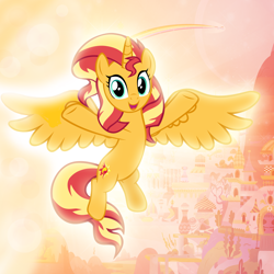 Size: 2400x2400 | Tagged: safe, artist:andoanimalia, character:sunset shimmer, species:alicorn, species:pony, alicornified, canterlot, flying, happy, race swap, shimmercorn