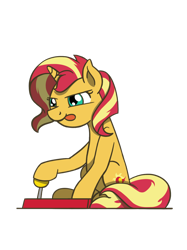 Size: 1280x1707 | Tagged: safe, artist:flutterluv, character:sunset shimmer, species:pony, species:unicorn, female, mare, simple background, sitting, solo, sunset shimmer day, tongue out, transparent background, video game