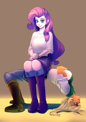 Size: 700x990 | Tagged: safe, artist:bakki, character:applejack, character:rarity, my little pony:equestria girls, appleseat, backbend, boots, clothing, crossed arms, female, jeans, pants, shoes, sitting, sitting on person, skirt, tablejack