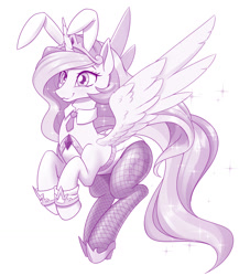 Size: 1113x1280 | Tagged: safe, artist:dstears, character:princess celestia, species:alicorn, species:pony, adorasexy, bunny ears, bunny suit, bunnylestia, clothing, crown, cute, cutelestia, female, fishnets, hoof shoes, jewelry, leggings, necktie, regalia, sexy, smiling, solo, spread wings, wings