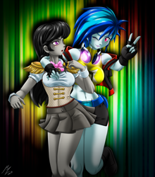 Size: 2085x2367 | Tagged: safe, alternate version, artist:mauroz, character:dj pon-3, character:octavia melody, character:vinyl scratch, ship:scratchtavia, my little pony:equestria girls, anime, breasts, busty vinyl scratch, clothing, curtain, female, fingerless gloves, gloves, headphones, lesbian, miniskirt, peace sign, pleated skirt, shipping, shoes, side slit, skirt, socks, spotlight, thigh highs