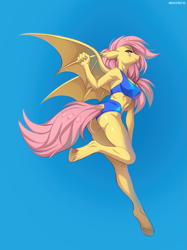 Size: 899x1200 | Tagged: safe, artist:margony, character:flutterbat, character:fluttershy, species:anthro, species:bat pony, species:pegasus, species:pony, species:unguligrade anthro, bat ponified, bat wings, blue background, clothing, dock, female, flying, looking at you, mare, race swap, simple background, smiling, solo, sports bra, sports panties, sports shorts, wings