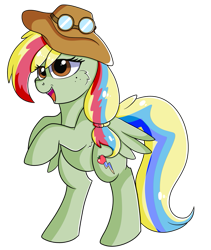 Size: 821x973 | Tagged: safe, artist:rainbowtashie, commissioner:bigonionbean, character:applejack, character:rainbow dash, oc, oc:zap-apple jam, species:pony, clothing, cowboy hat, cute, cutie mark, female, freckles, fusion, fusion:zap-apple jam, goggles, hair braid, hat, mare, ponytail, solo