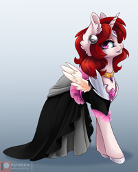 Size: 963x1200 | Tagged: safe, artist:arctic-fox, oc, oc only, oc:mistress ecstacy, species:pony, species:unicorn, clothing, dress, fake wings, female, mare, solo