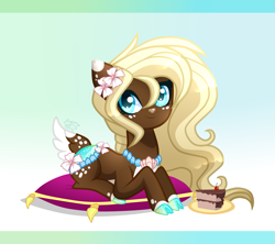 Size: 1399x1240 | Tagged: safe, artist:sugaryicecreammlp, oc, oc only, oc:spring flora, species:deer, cloven hooves, female, original species, pillow, pond pony, prone, solo
