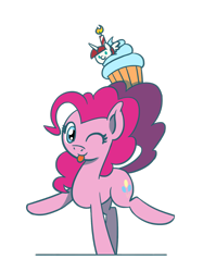 Size: 1280x1707 | Tagged: safe, artist:flutterluv, character:pinkie pie, oc, oc:fausticorn, species:alicorn, species:earth pony, species:pony, ;p, cupcake, cute, female, food, mare, one eye closed, simple background, solo, tongue out, transparent background, wink
