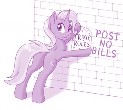 Size: 1280x1151 | Tagged: safe, artist:dstears, character:trixie, species:pony, species:unicorn, butt, eric conveys an emotion, female, mare, monochrome, plot, poster, solo, text, wall