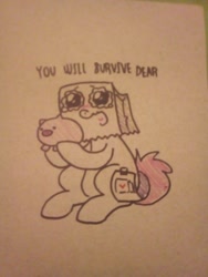 Size: 1536x2048 | Tagged: safe, artist:paperbagpony, oc, oc:paper bag, species:pony, crying, dialogue, fake cutie mark, photo, piggy bank, tears of joy, traditional art