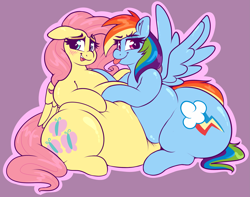 Size: 2693x2117 | Tagged: safe, artist:graphenescloset, character:fluttershy, character:rainbow dash, species:pegasus, species:pony, adorafatty, belly, big belly, blushing, cute, dashabetes, duo, fat, fattershy, female, floppy ears, obese, rainblob dash, shyabetes, squish, tongue out