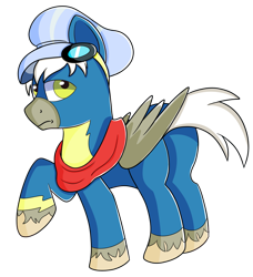 Size: 1280x1406 | Tagged: safe, artist:rainbowtashie, commissioner:bigonionbean, character:silver lining, oc, oc:air brakes, species:earth pony, species:pegasus, species:pony, caboose, clothing, conductor hat, fusion:air brakes, goggles, male, scarf, solo, stallion, thicc ass, uniform, wonderbolts, wonderbolts uniform