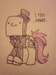 Size: 1536x2048 | Tagged: safe, artist:paperbagpony, oc, oc only, oc:paper bag, species:earth pony, species:pony, bow tie, clothing, crossdressing, fake cutie mark, fancy, female, hat, suit, top hat, traditional art
