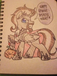 Size: 510x680 | Tagged: safe, artist:paperbagpony, oc, oc only, oc:prince cosmic light, species:alicorn, species:pony, alicorn oc, armor, cape, clothing, costume, halloween, halloween costume, hidden face, male, pumpkin, traditional art