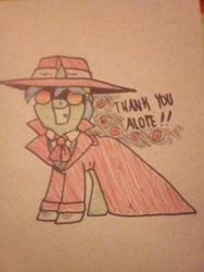 Size: 1536x2048 | Tagged: safe, artist:paperbagpony, oc, oc only, oc:alope ruby aspendale, species:pony, species:unicorn, clothing, coat, costume, glasses, hat, hellsing, male, traditional art