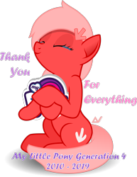 Size: 2229x2892 | Tagged: safe, artist:arifproject, oc, oc only, oc:downvote, species:earth pony, species:pony, derpibooru, derpibooru ponified, crying, end of ponies, happy birthday mlp:fim, holding, meta, mlp fim's ninth anniversary, my little pony logo, ponified, simple background, sitting, smiling, solo, tears of joy, transparent background, vector