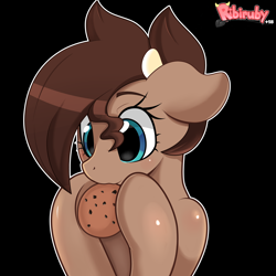 Size: 4400x4400 | Tagged: safe, artist:ribiruby, oc, oc only, oc:ruby big heart, species:earth pony, species:pony, black background, cookie, cow horns, eating, female, floppy ears, food, holding, mare, nom, simple background, smiling, solo