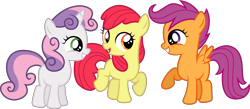 Size: 7633x3330 | Tagged: safe, artist:illumnious, edit, editor:slayerbvc, character:apple bloom, character:scootaloo, character:sweetie belle, species:earth pony, species:pegasus, species:pony, species:unicorn, accessory-less edit, cutie mark crusaders, female, filly, missing accessory, simple background, transparent background, trio, vector, vector edit