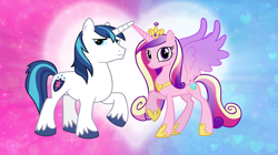 Size: 5360x3008 | Tagged: safe, artist:andoanimalia, character:princess cadance, character:shining armor, species:alicorn, species:pony, species:unicorn, ship:shiningcadance, cutie mark, female, husband and wife, male, shipping, smiling, straight, wallpaper