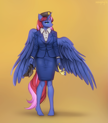 Size: 1133x1300 | Tagged: safe, artist:margony, oc, oc:aurora silverlight, species:alicorn, species:anthro, species:pony, alicorn oc, barefoot, clothing, dress, feet, female, high heels, jewelry, lidded eyes, mare, shoes, shoes removed, slit eyes, smiling, solo, spread wings, tan background, tiara, wings