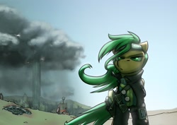 Size: 1920x1363 | Tagged: safe, artist:captainhoers, oc, oc only, oc:atom smasher, species:pegasus, species:pony, fallout equestria, clothing, fallout equestria: duck and cover, fanfic art, female, goggles, gun, jacket, mare, pipbuck, shutter shades, solo, swirly glasses, vault suit, wasteland, weapon