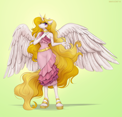 Size: 1257x1200 | Tagged: safe, artist:margony, character:princess celestia, species:alicorn, species:anthro, species:plantigrade anthro, g4, alternate hair color, clothing, crown, dress, female, jewelry, looking at you, mare, regalia, sandals, solo, yellow hair