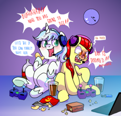Size: 1050x1010 | Tagged: safe, artist:paperbagpony, oc, oc:frozen rose, oc:taekwon magic, species:earth pony, species:pony, species:unicorn, chips, clock, computer, dialogue, food, headphones, laptop computer, paper bag, playing, popcorn, soda