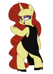 Size: 1800x2500 | Tagged: safe, artist:notenoughapples, patreon reward, oc, oc only, oc:vibrata songbird, species:pony, species:unicorn, bipedal, black dress, clothing, dress, female, high heels, mare, patreon, shoes, side slit, simple background, solo, transparent background