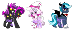 Size: 2250x900 | Tagged: safe, artist:paperbagpony, oc, species:pony, adoptable, advertisement, auction, cerberus, clothing, collaboration, hat, incubus, monster mare, monster pony, multiple heads, simple background, three heads, white background, witch, witch hat