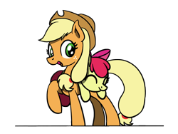 Size: 800x600 | Tagged: safe, artist:flutterluv, character:apple bloom, character:applejack, species:earth pony, species:pony, adorabloom, apple, bow, clothing, cowboy hat, cute, eyes closed, female, filly, food, hair bow, hat, jackabetes, looking at you, mare, ponies riding ponies, riding, saddle bag, simple background, transparent background