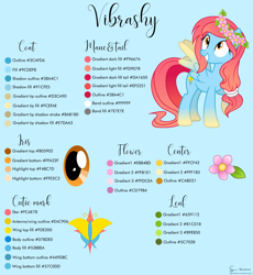 Size: 8825x9581 | Tagged: safe, artist:illumnious, oc, oc:vibrashy, species:pegasus, species:pony, absurd resolution, butterfly, colored wings, cutie mark, floral head wreath, flower, gradient, gradient hair, gradient hooves, gradient wings, hair tie, hairband, headdress, knot, pegasus oc, reference sheet, simple background, wings