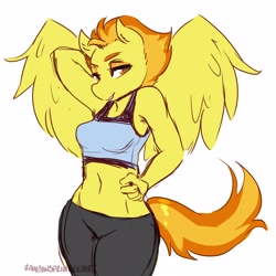 Size: 3000x3000 | Tagged: safe, artist:rainbowsprinklesart, character:spitfire, species:anthro, species:pegasus, g4, arm behind head, armpits, belly button, breasts, busty spitfire, clothing, female, hand on hip, mare, midriff, pants, sexy, simple background, sketch, solo, sports bra, white background, yoga pants