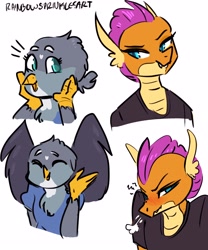 Size: 2500x3000 | Tagged: safe, artist:rainbowsprinklesart, character:gabby, character:smolder, species:anthro, species:dragon, species:griffon, blushing, bust, clothing, colored pupils, cute, female, gabbybetes, shirt, smolder is not amused, smoldere, t-shirt, tsundere, unamused