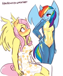 Size: 2500x3000 | Tagged: safe, artist:rainbowsprinklesart, character:fluttershy, character:rainbow dash, species:anthro, species:pegasus, species:pony, ship:flutterdash, blushing, breasts, clothing, colored pupils, dress, ear blush, female, hand on hip, latex, latex suit, lesbian, sexy, shipping, sitting, skintight clothes, spread wings, stupid sexy rainbow dash, uniform, wingboner, wings, wonderbolts uniform